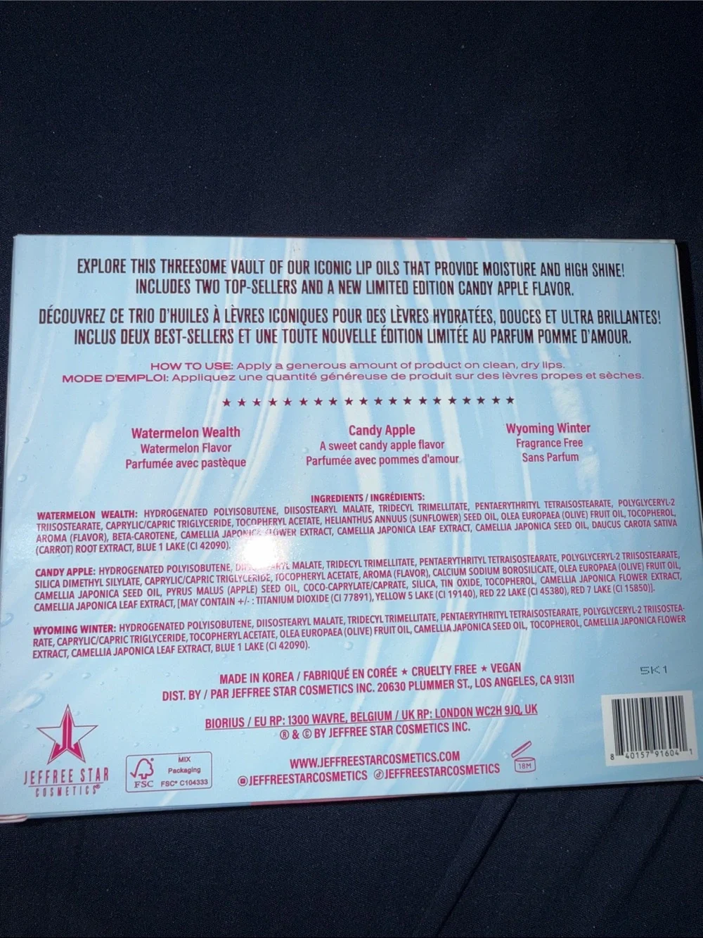 Jeffree Star Lip Oil Trio — Pink, Red, Blue